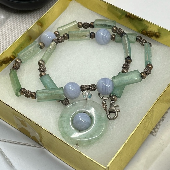 Vintage Artisan Necklace with Green Aventurine, Blue Lace Agate, and 925 Silver